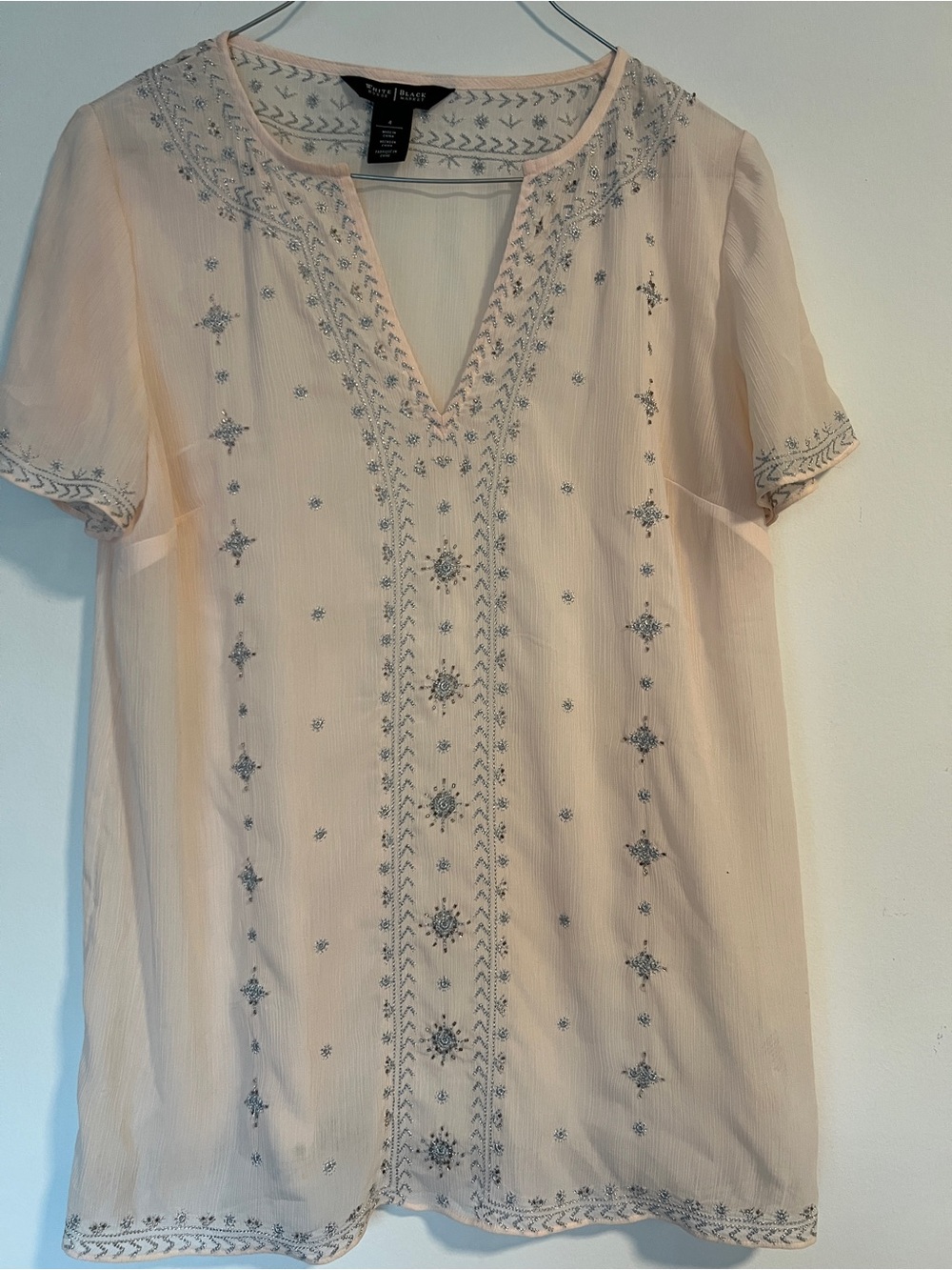 Pleated Embroidered V-Neck Women’s Top - Light Peach